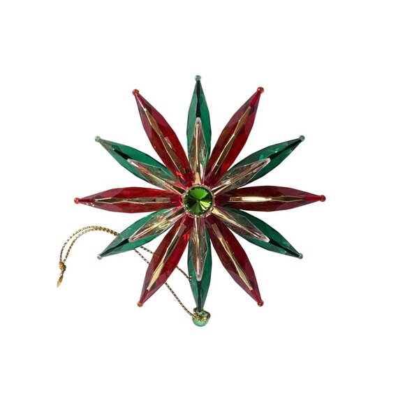 Vintage MCM 3D Red Clear Green Gold Plastic Flower Christmas Ornament 3.5" - Picture 3 of 5